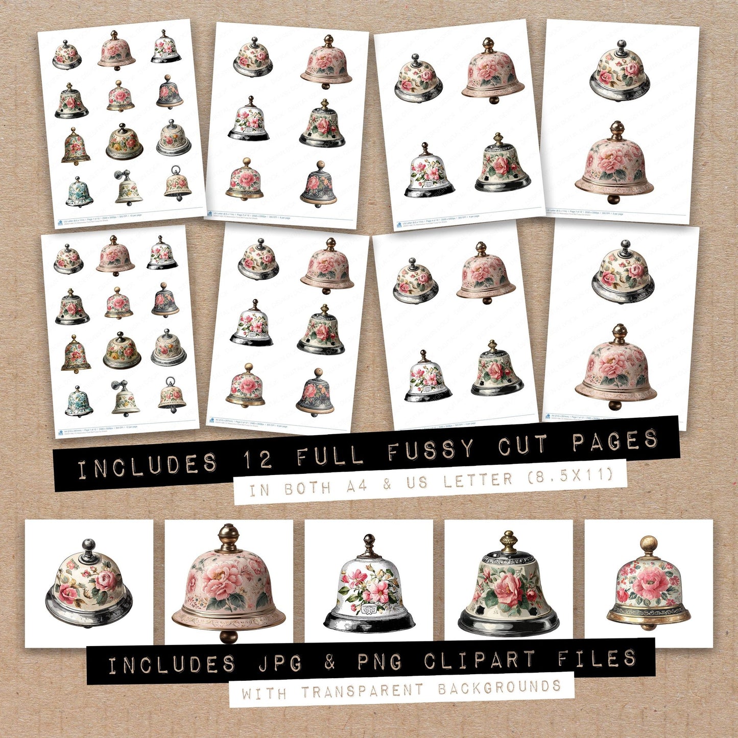 Full collection view of Watercolour Floral Bell fussy cut sheets with bonus clipart JPG and PNG files