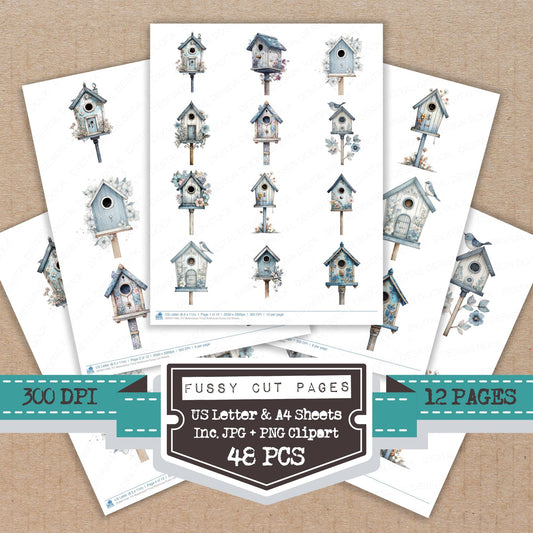 Watercolour Floral Birdhouse fussy cut printable sheets for junk journaling, scrapbooking, and paper craft projects