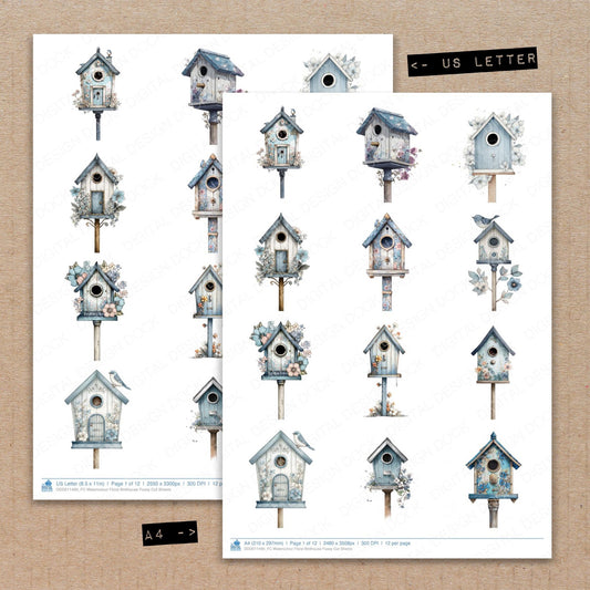 A4 and US Letter format comparison showing Watercolour Floral Birdhouse fussy cut pages for print and cut crafting