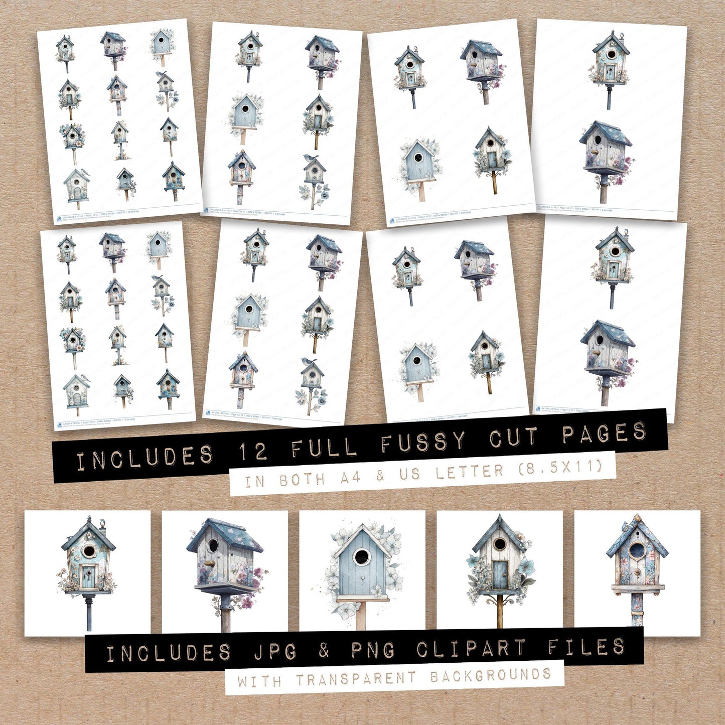 Full collection view of Watercolour Floral Birdhouse fussy cut sheets with bonus clipart JPG and PNG files
