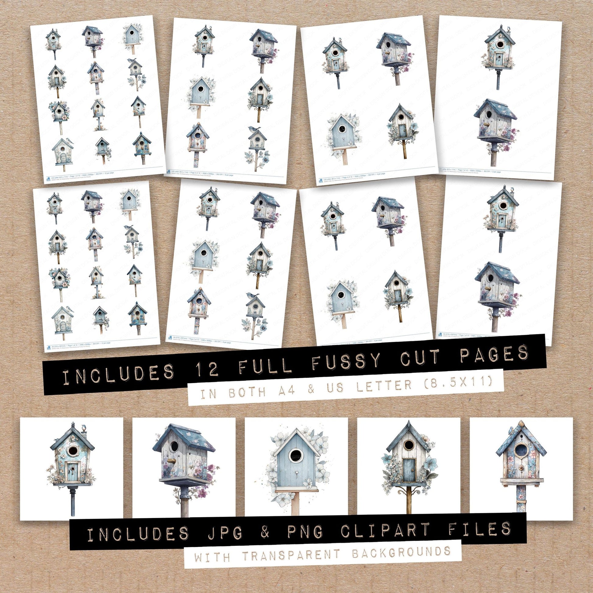 Full collection view of Watercolour Floral Birdhouse fussy cut sheets with bonus clipart JPG and PNG files