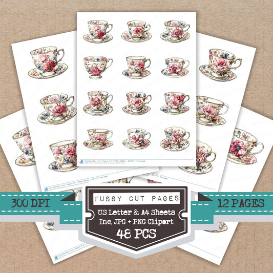 Watercolour Floral China Teacup fussy cut printable sheets for junk journaling, scrapbooking, and paper craft projects