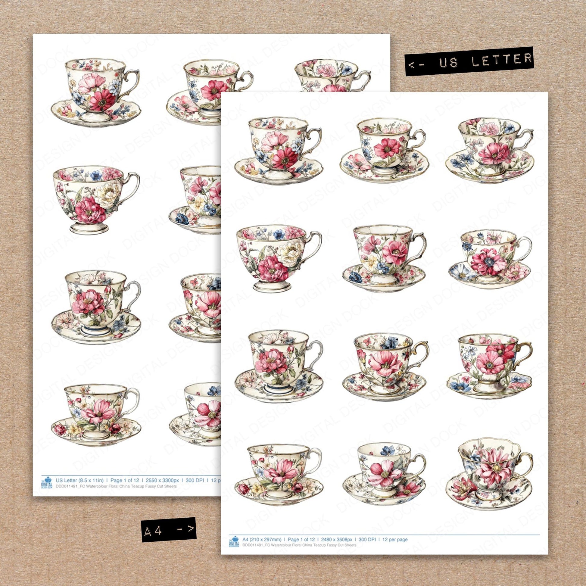 A4 and US Letter format comparison showing Watercolour Floral China Teacup fussy cut pages for print and cut crafting