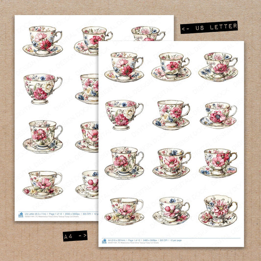 A4 and US Letter format comparison showing Watercolour Floral China Teacup fussy cut pages for print and cut crafting