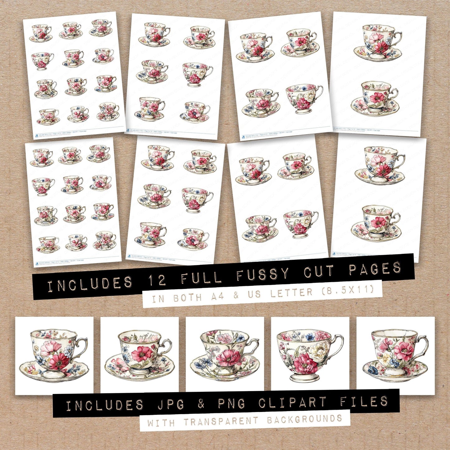 Full collection view of Watercolour Floral China Teacup fussy cut sheets with bonus clipart JPG and PNG files