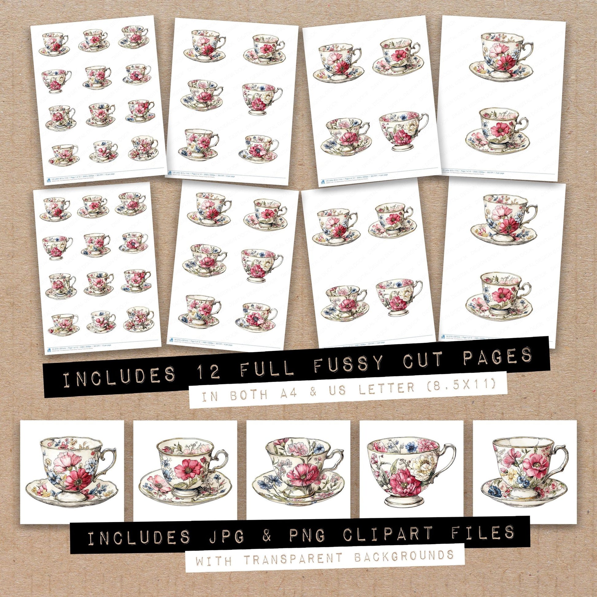 Full collection view of Watercolour Floral China Teacup fussy cut sheets with bonus clipart JPG and PNG files