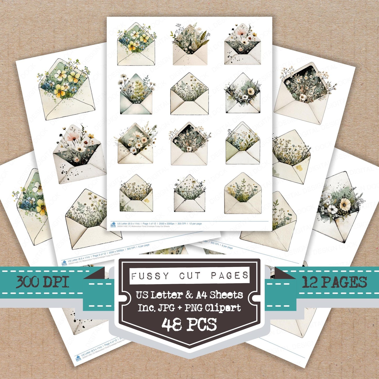 Watercolour Floral Envelope fussy cut printable sheets for junk journaling, scrapbooking, and paper craft projects