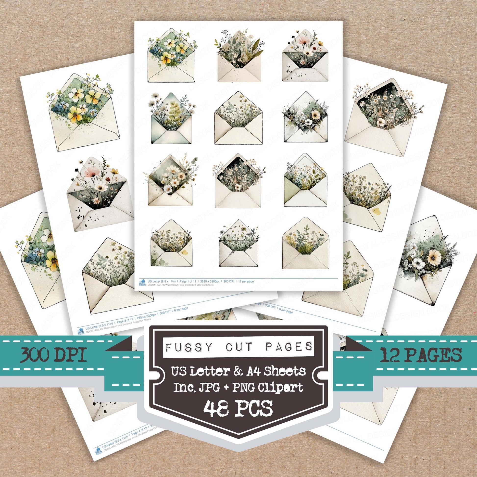Watercolour Floral Envelope fussy cut printable sheets for junk journaling, scrapbooking, and paper craft projects