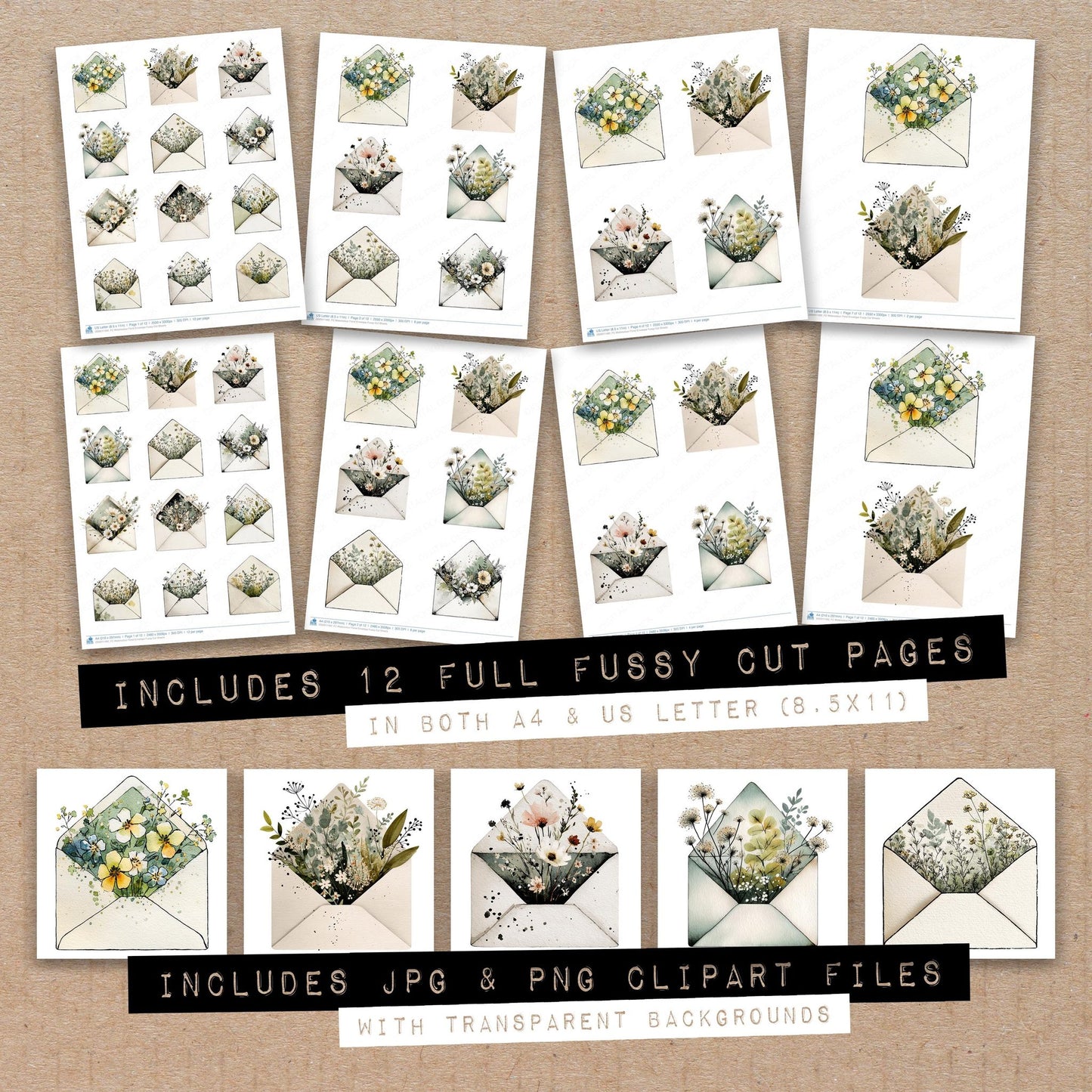 Full collection view of Watercolour Floral Envelope fussy cut sheets with bonus clipart JPG and PNG files