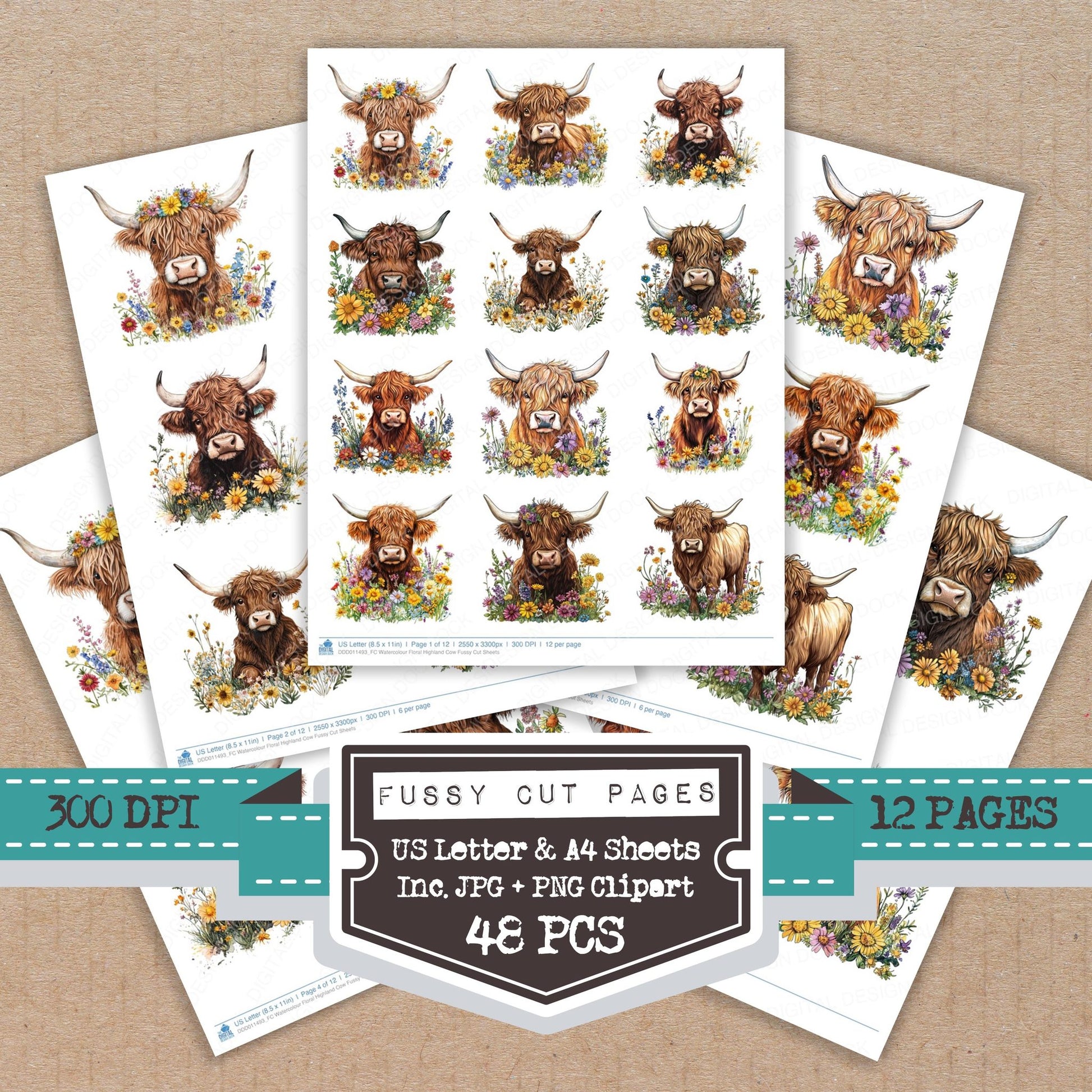 Watercolour Floral Highland Cow fussy cut printable sheets for junk journaling, scrapbooking, and paper craft projects