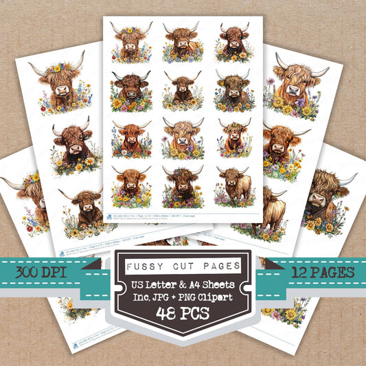 Watercolour Floral Highland Cow fussy cut printable sheets for junk journaling, scrapbooking, and paper craft projects