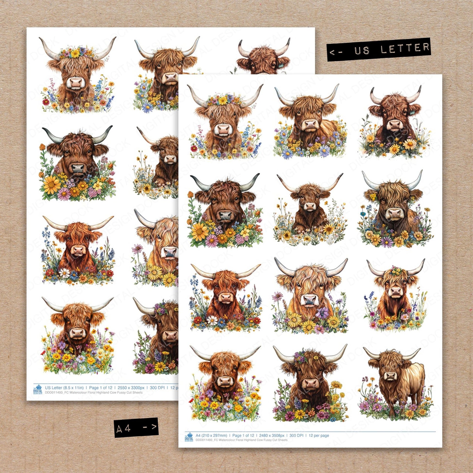 A4 and US Letter format comparison showing Watercolour Floral Highland Cow fussy cut pages for print and cut crafting