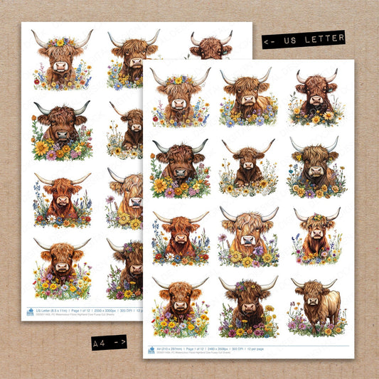 A4 and US Letter format comparison showing Watercolour Floral Highland Cow fussy cut pages for print and cut crafting