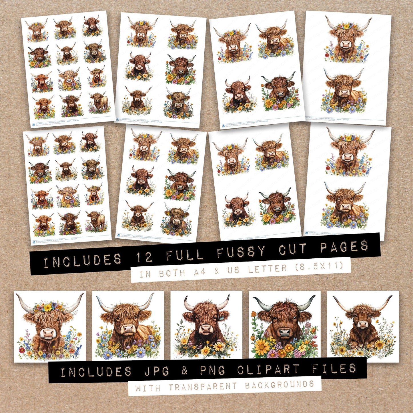 Full collection view of Watercolour Floral Highland Cow fussy cut sheets with bonus clipart JPG and PNG files