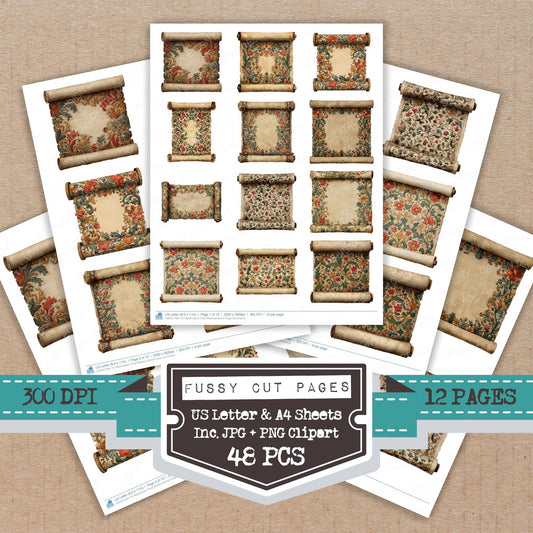 Watercolour Floral Medieval Scroll fussy cut printable sheets for junk journaling, scrapbooking, and paper craft projects