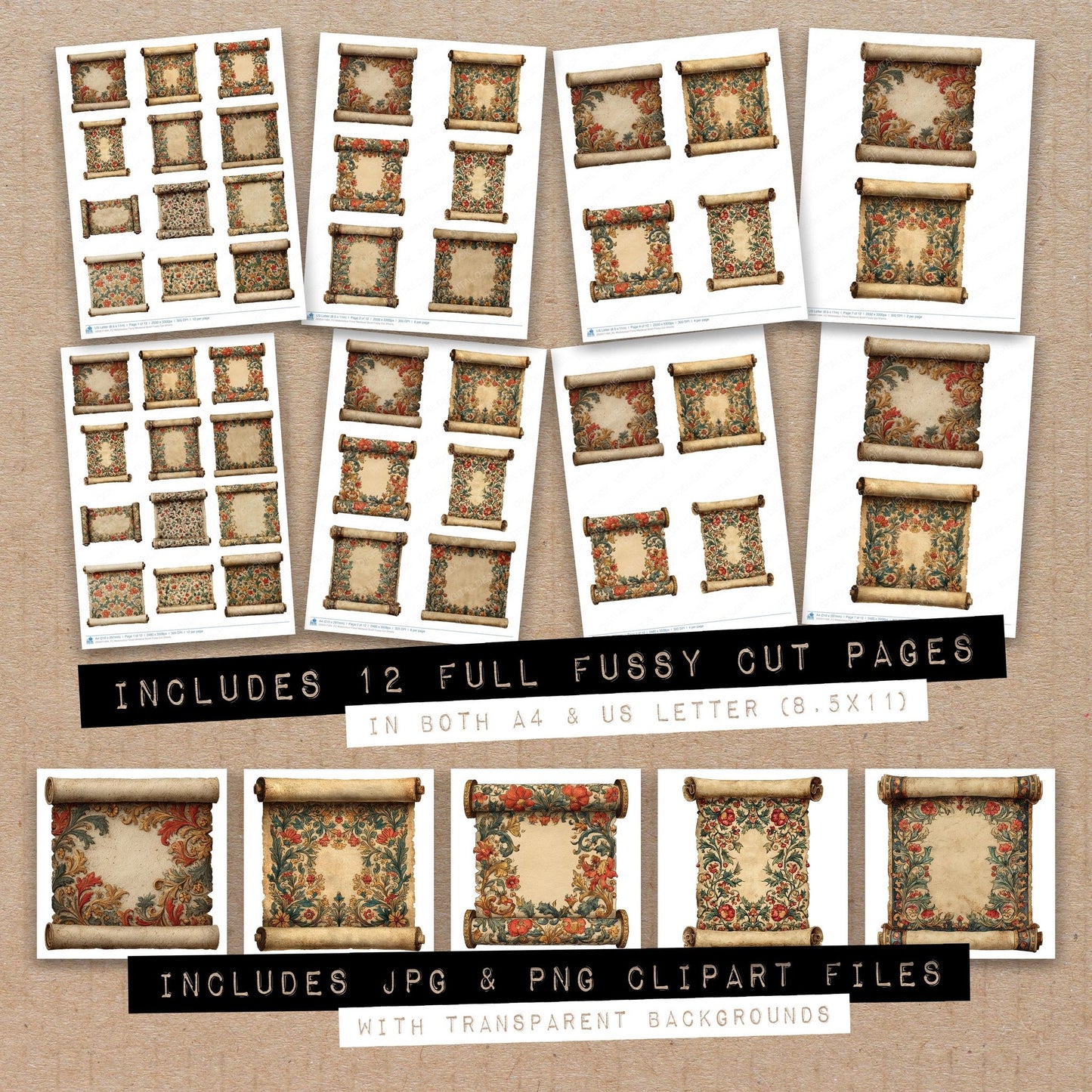 Full collection view of Watercolour Floral Medieval Scroll fussy cut sheets with bonus clipart JPG and PNG files