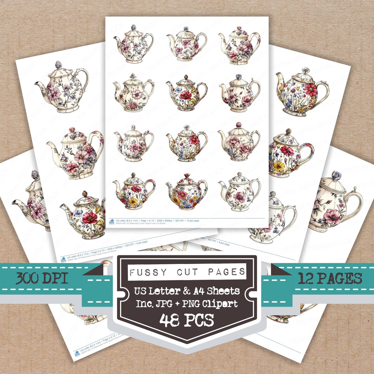 Watercolour Floral Teapot fussy cut printable sheets for junk journaling, scrapbooking, and paper craft projects