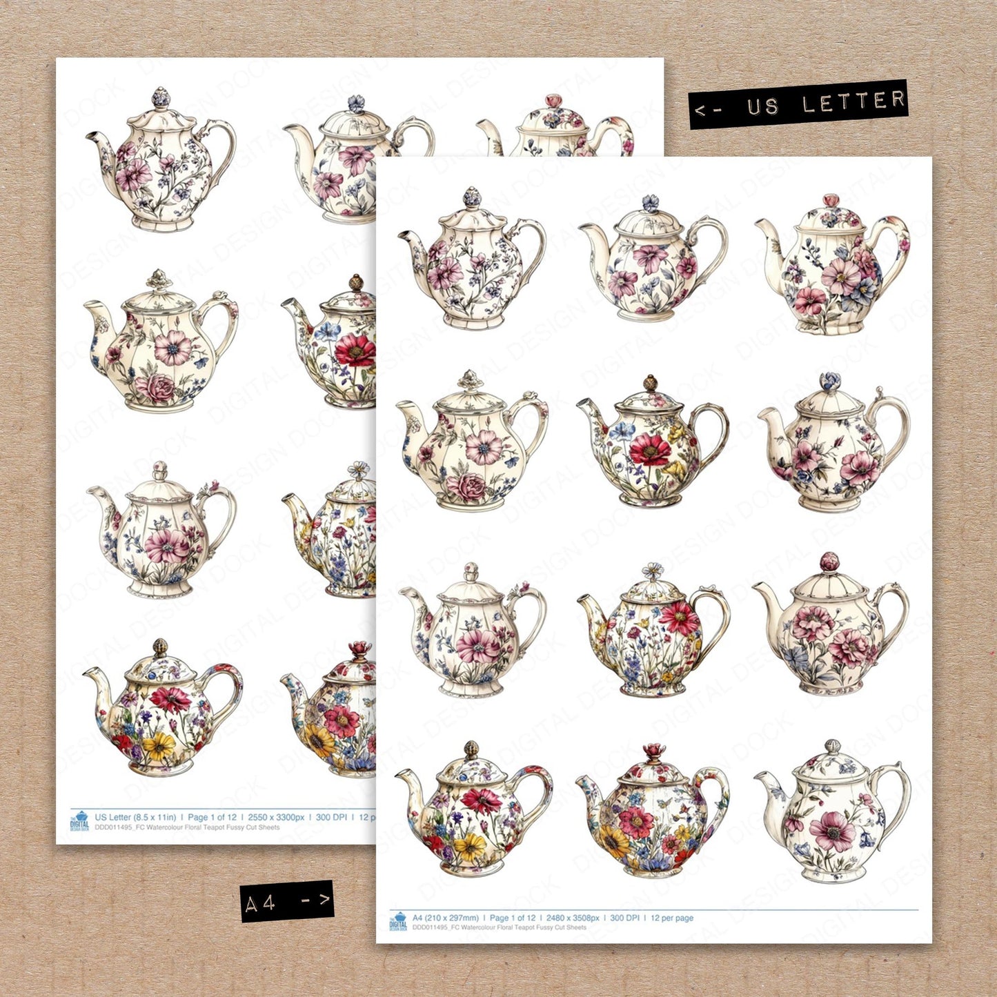 A4 and US Letter format comparison showing Watercolour Floral Teapot fussy cut pages for print and cut crafting