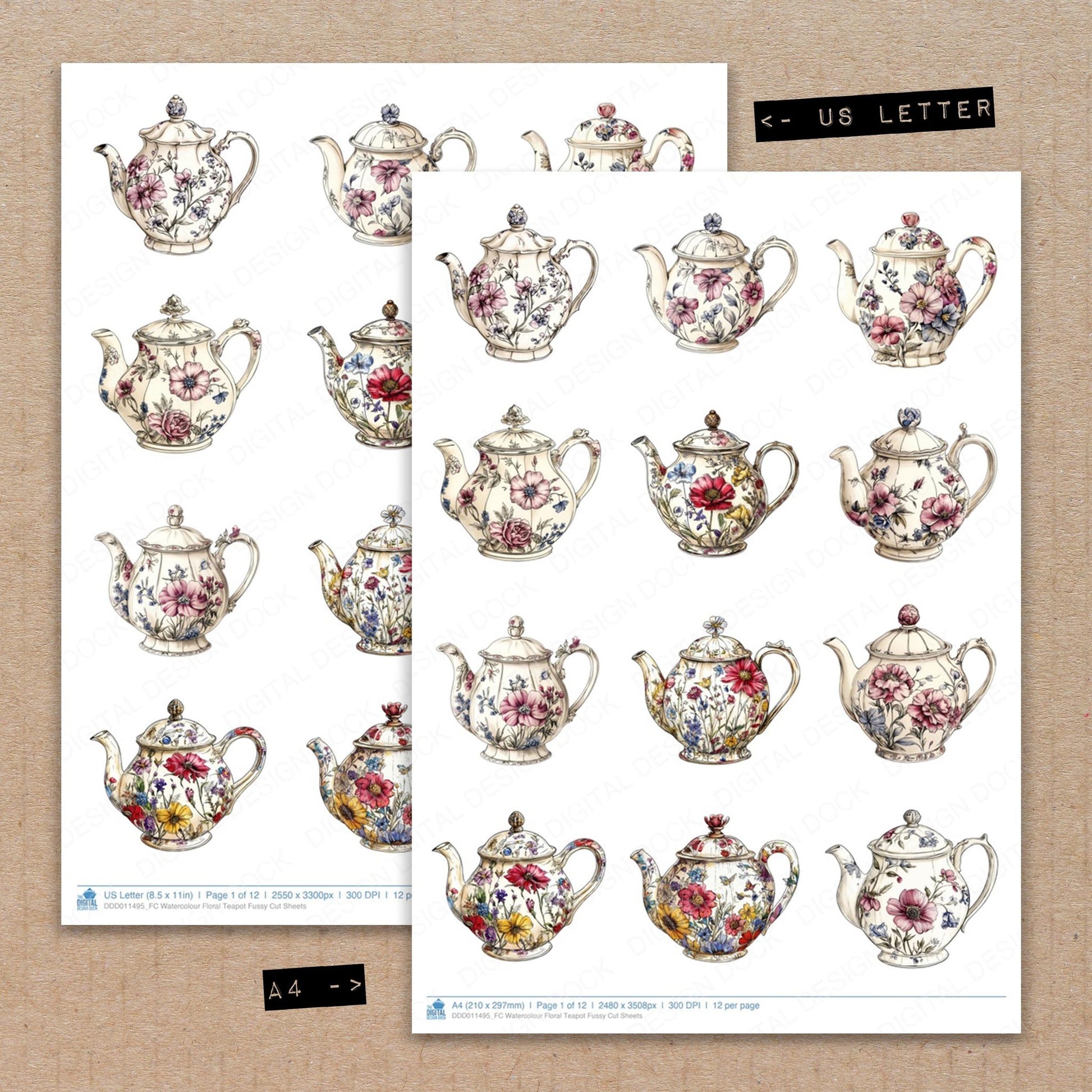 A4 and US Letter format comparison showing Watercolour Floral Teapot fussy cut pages for print and cut crafting