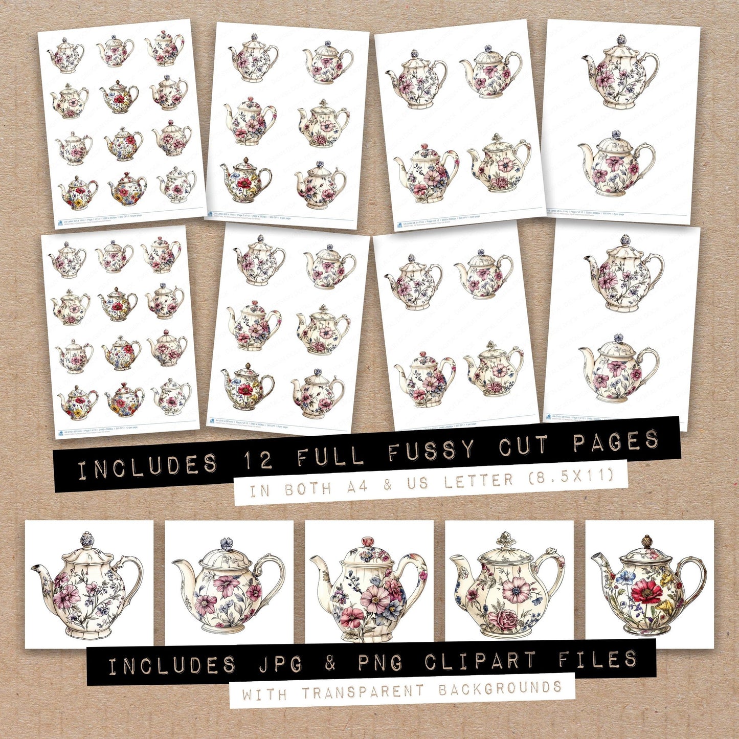 Full collection view of Watercolour Floral Teapot fussy cut sheets with bonus clipart JPG and PNG files