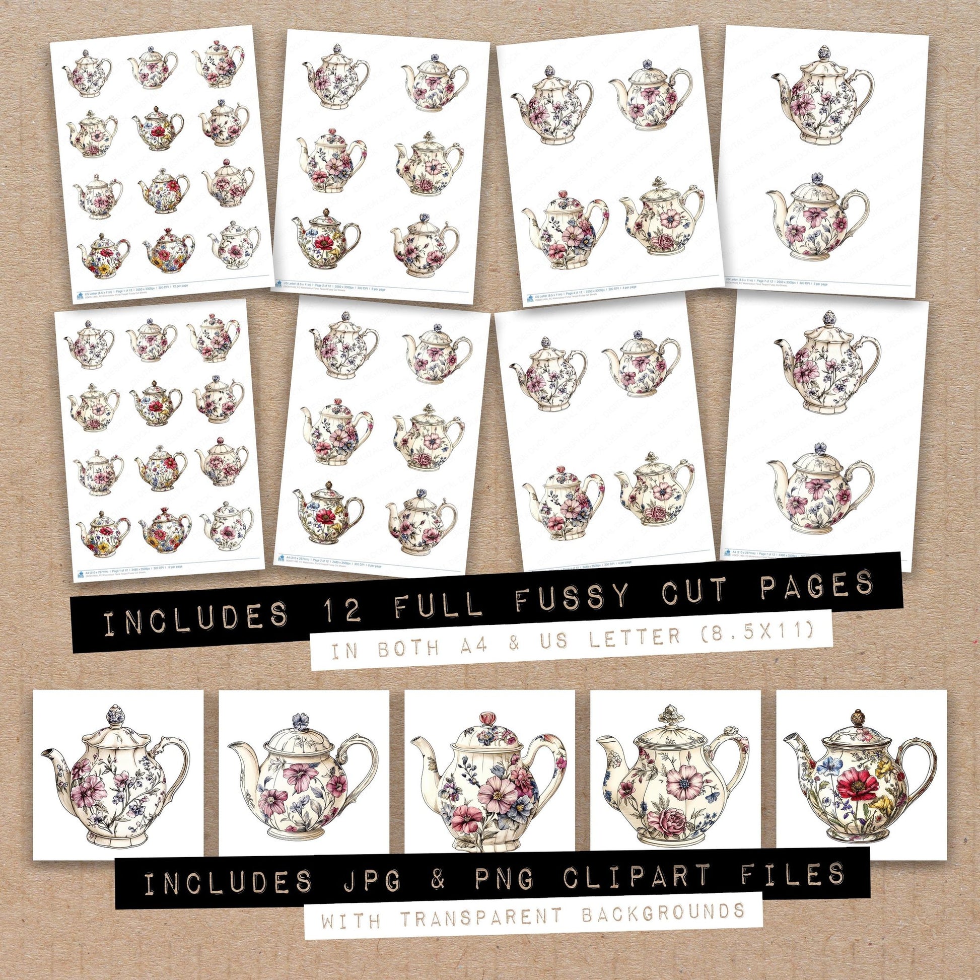 Full collection view of Watercolour Floral Teapot fussy cut sheets with bonus clipart JPG and PNG files