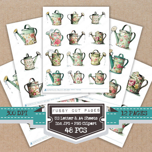 Watercolour Floral Watering Can fussy cut printable sheets for junk journaling, scrapbooking, and paper craft projects