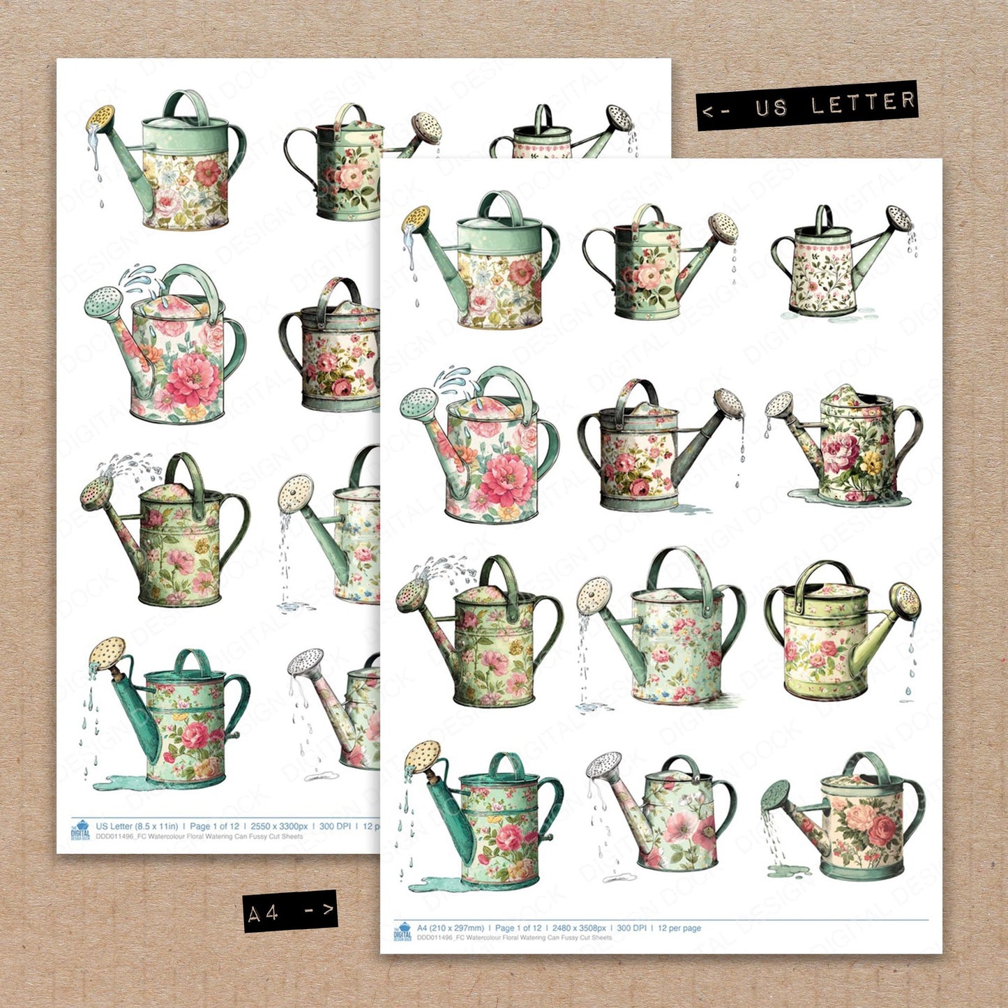 A4 and US Letter format comparison showing Watercolour Floral Watering Can fussy cut pages for print and cut crafting