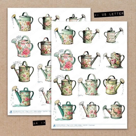 A4 and US Letter format comparison showing Watercolour Floral Watering Can fussy cut pages for print and cut crafting
