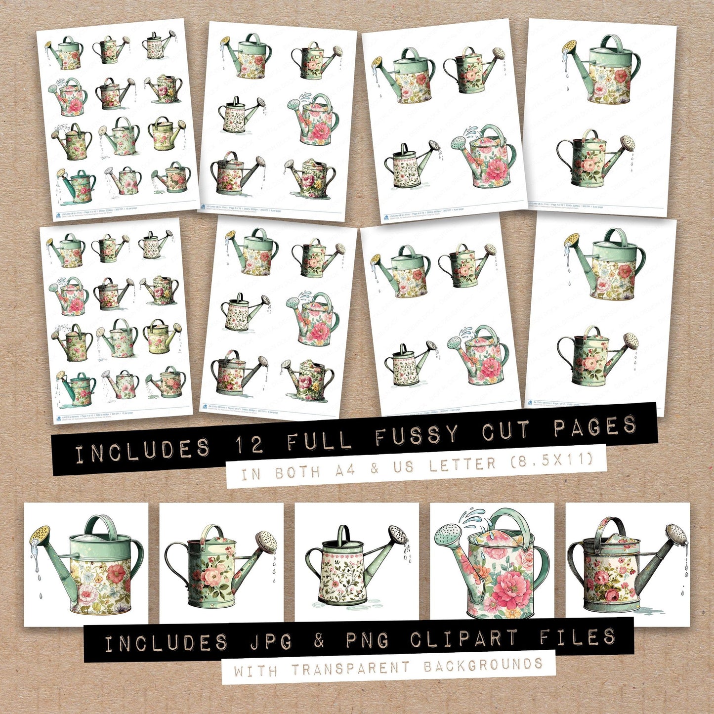 Full collection view of Watercolour Floral Watering Can fussy cut sheets with bonus clipart JPG and PNG files