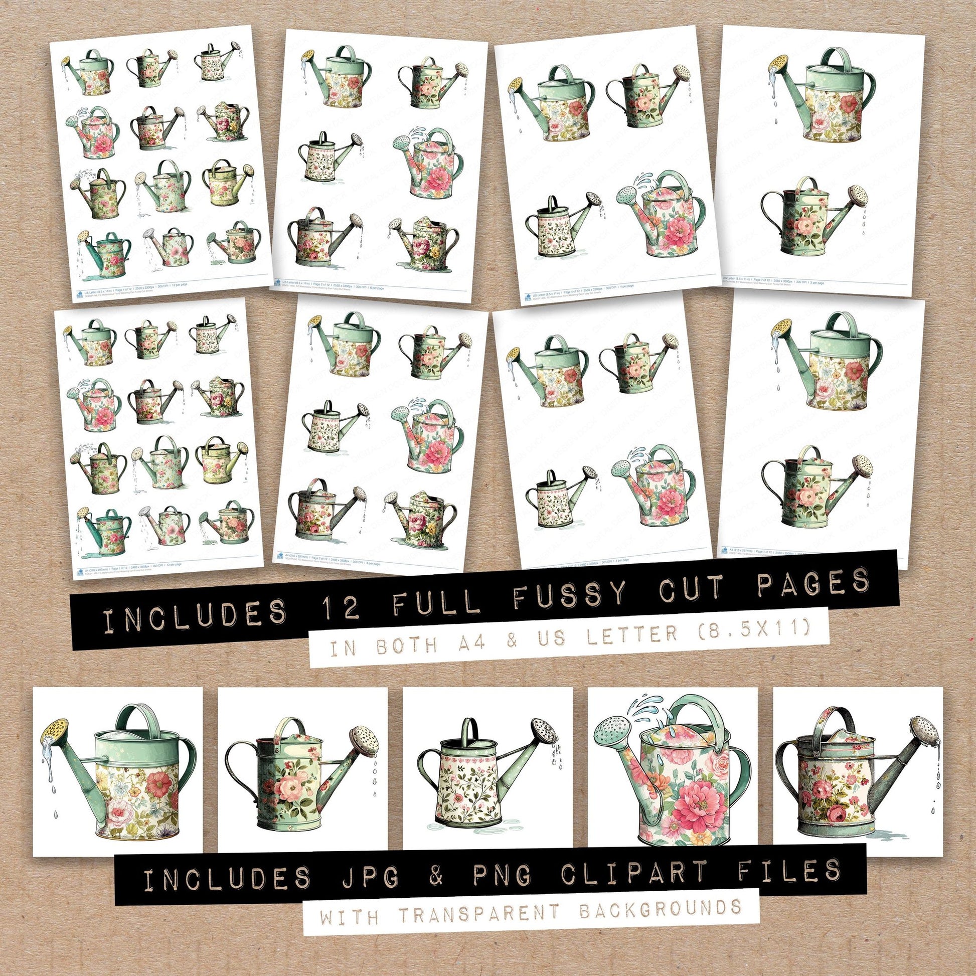 Full collection view of Watercolour Floral Watering Can fussy cut sheets with bonus clipart JPG and PNG files