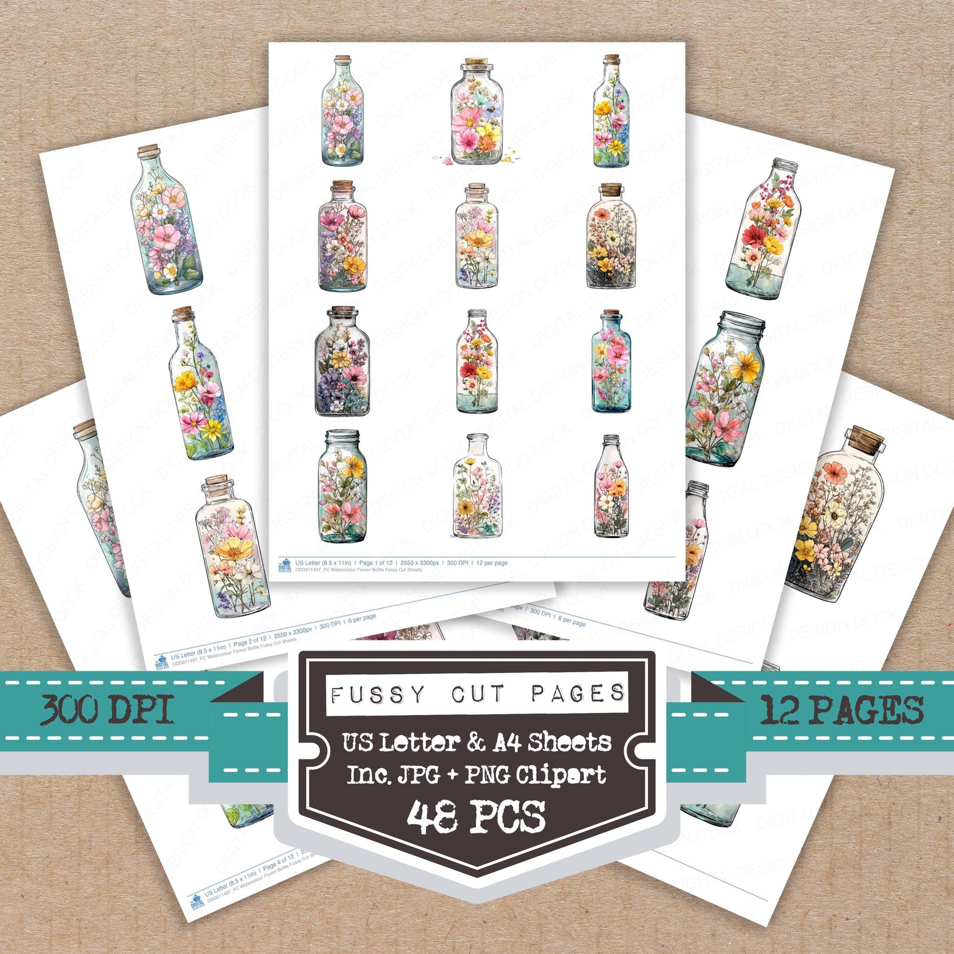 Watercolour Flower Bottle fussy cut printable sheets for junk journaling, scrapbooking, and paper craft projects