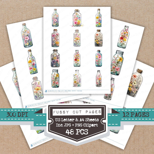 Watercolour Flower Bottle fussy cut printable sheets for junk journaling, scrapbooking, and paper craft projects