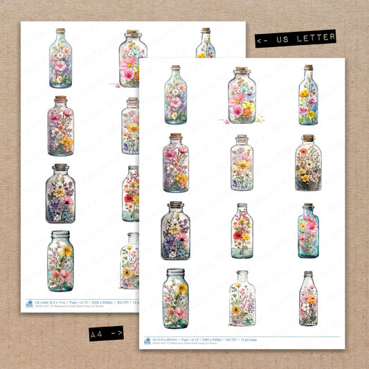 A4 and US Letter format comparison showing Watercolour Flower Bottle fussy cut pages for print and cut crafting