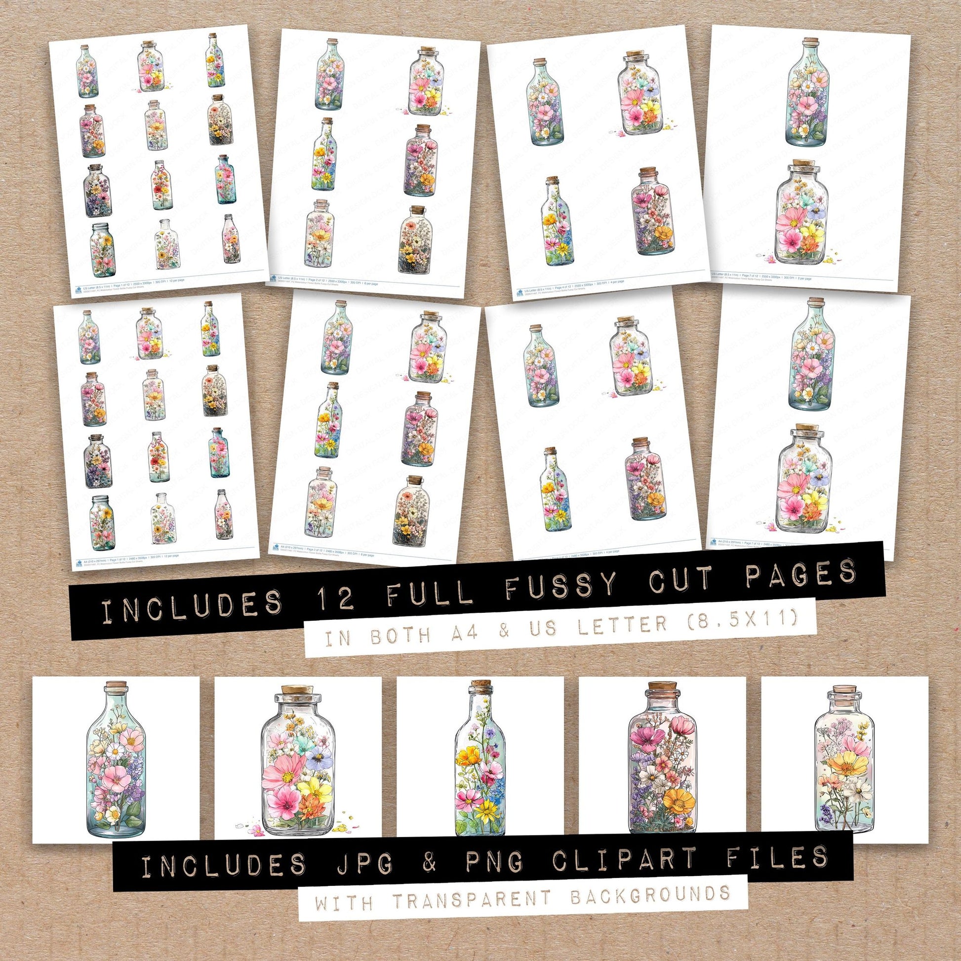 Full collection view of Watercolour Flower Bottle fussy cut sheets with bonus clipart JPG and PNG files