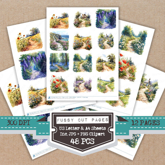 Watercolour Flower Lined Path fussy cut printable sheets for junk journaling, scrapbooking, and paper craft projects