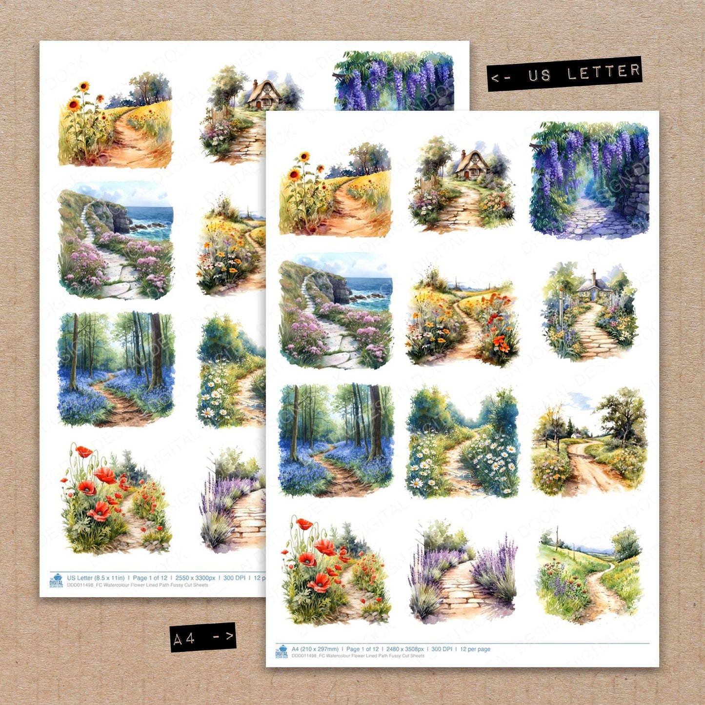 A4 and US Letter format comparison showing Watercolour Flower Lined Path fussy cut pages for print and cut crafting