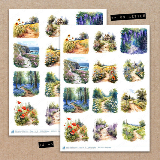A4 and US Letter format comparison showing Watercolour Flower Lined Path fussy cut pages for print and cut crafting