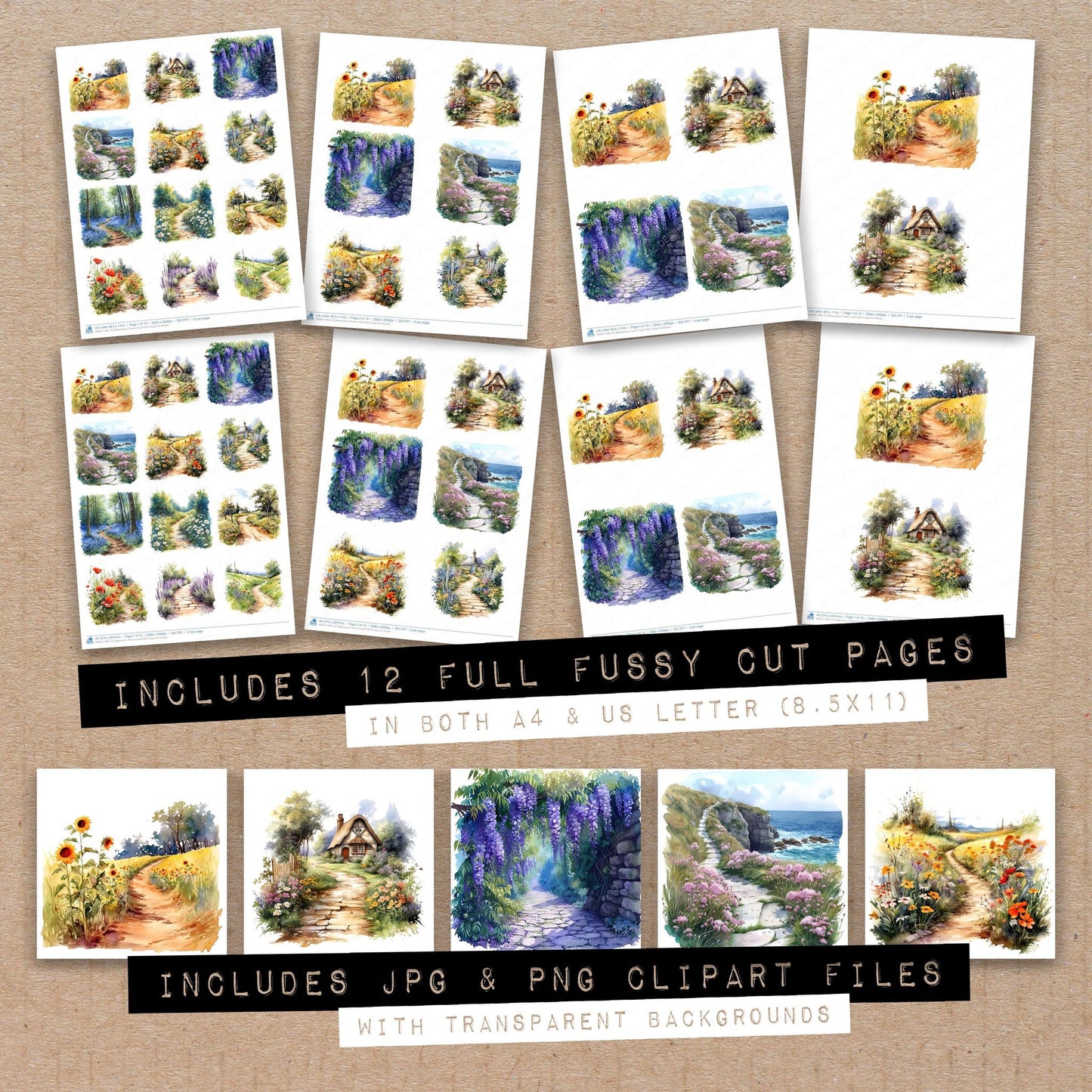 Full collection view of Watercolour Flower Lined Path fussy cut sheets with bonus clipart JPG and PNG files