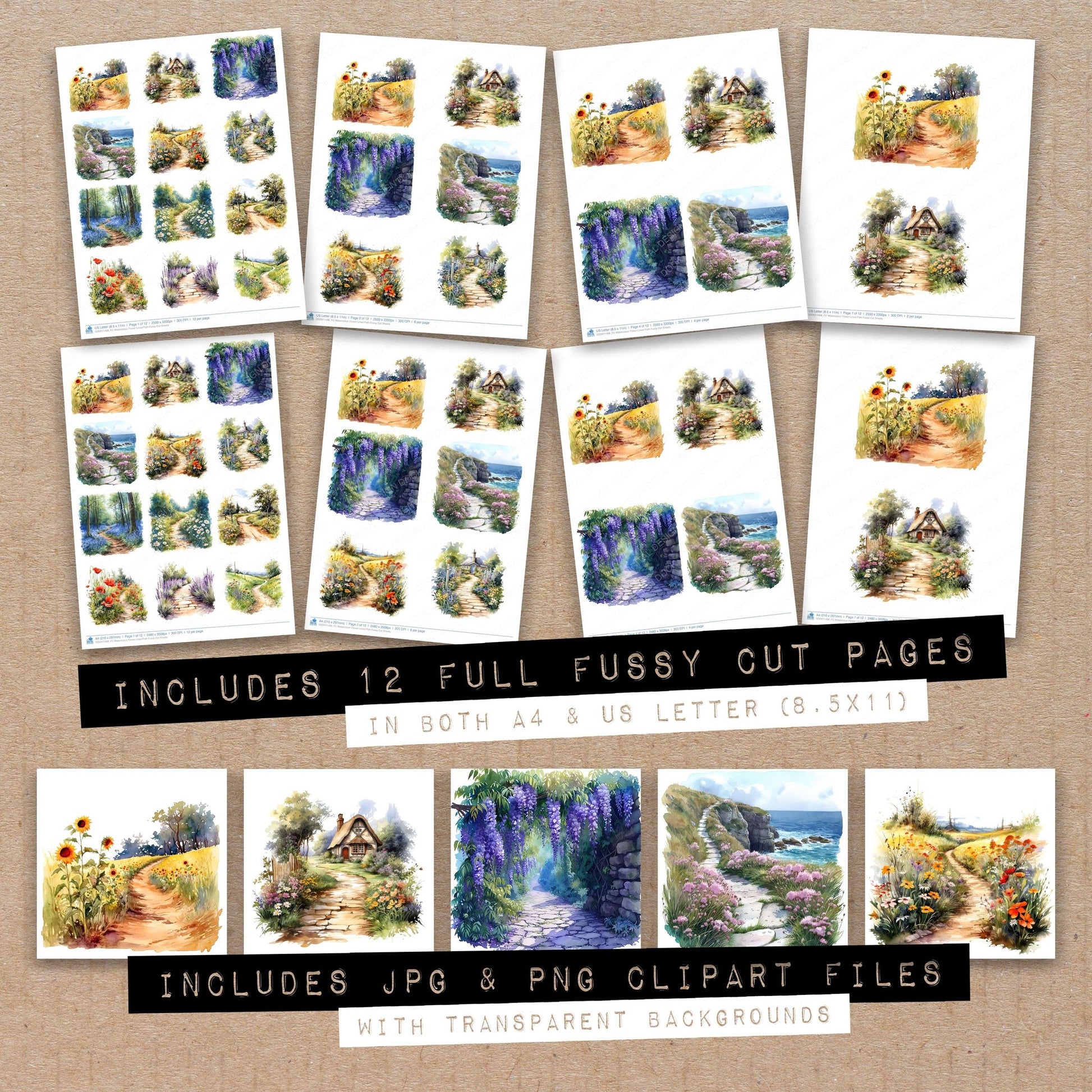 Full collection view of Watercolour Flower Lined Path fussy cut sheets with bonus clipart JPG and PNG files