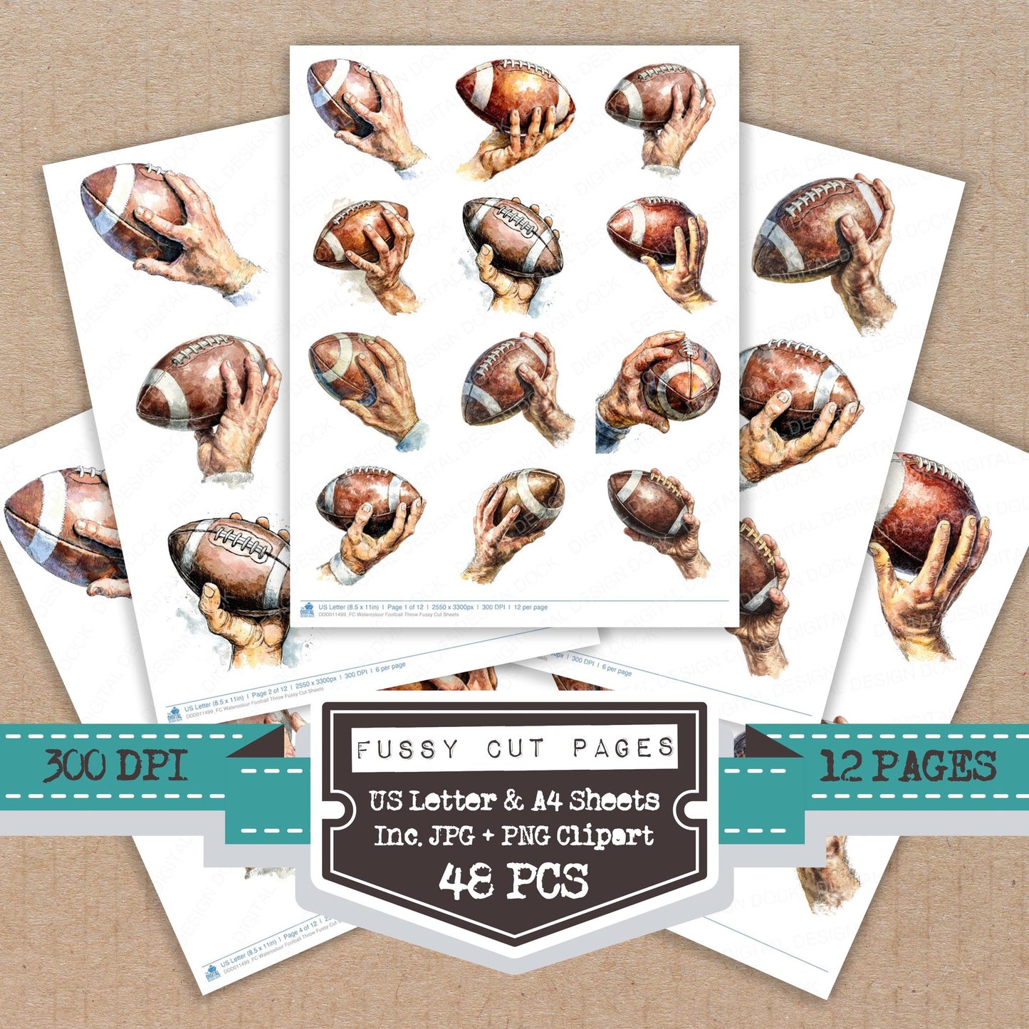 Watercolour Football Throw fussy cut printable sheets for junk journaling, scrapbooking, and paper craft projects