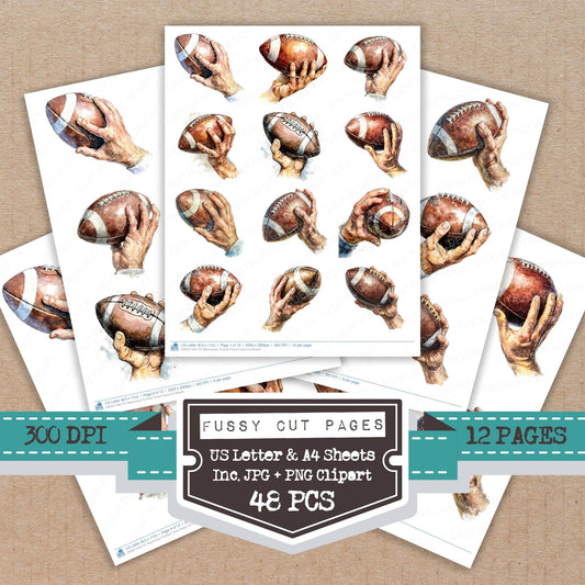 Watercolour Football Throw fussy cut printable sheets for junk journaling, scrapbooking, and paper craft projects