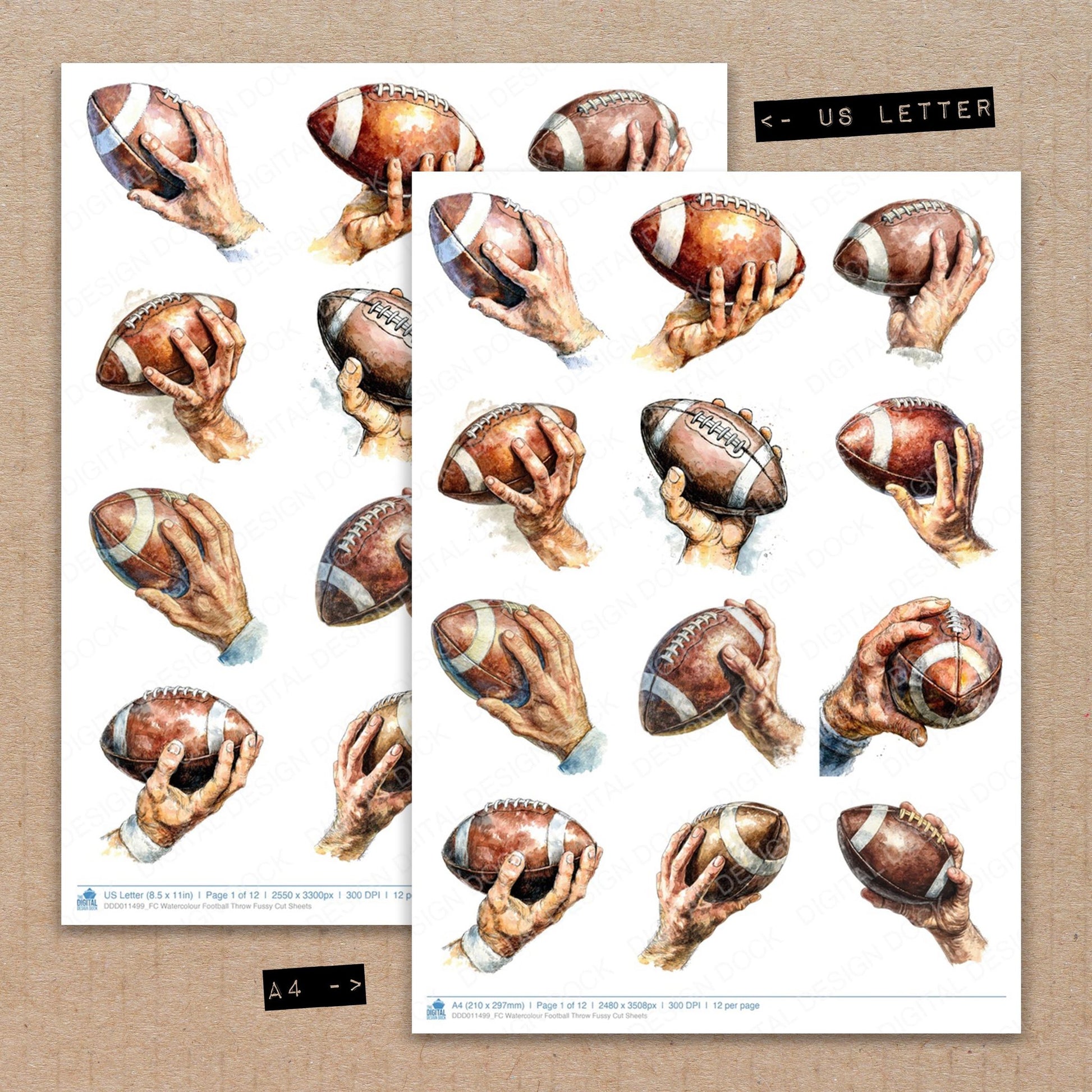 A4 and US Letter format comparison showing Watercolour Football Throw fussy cut pages for print and cut crafting