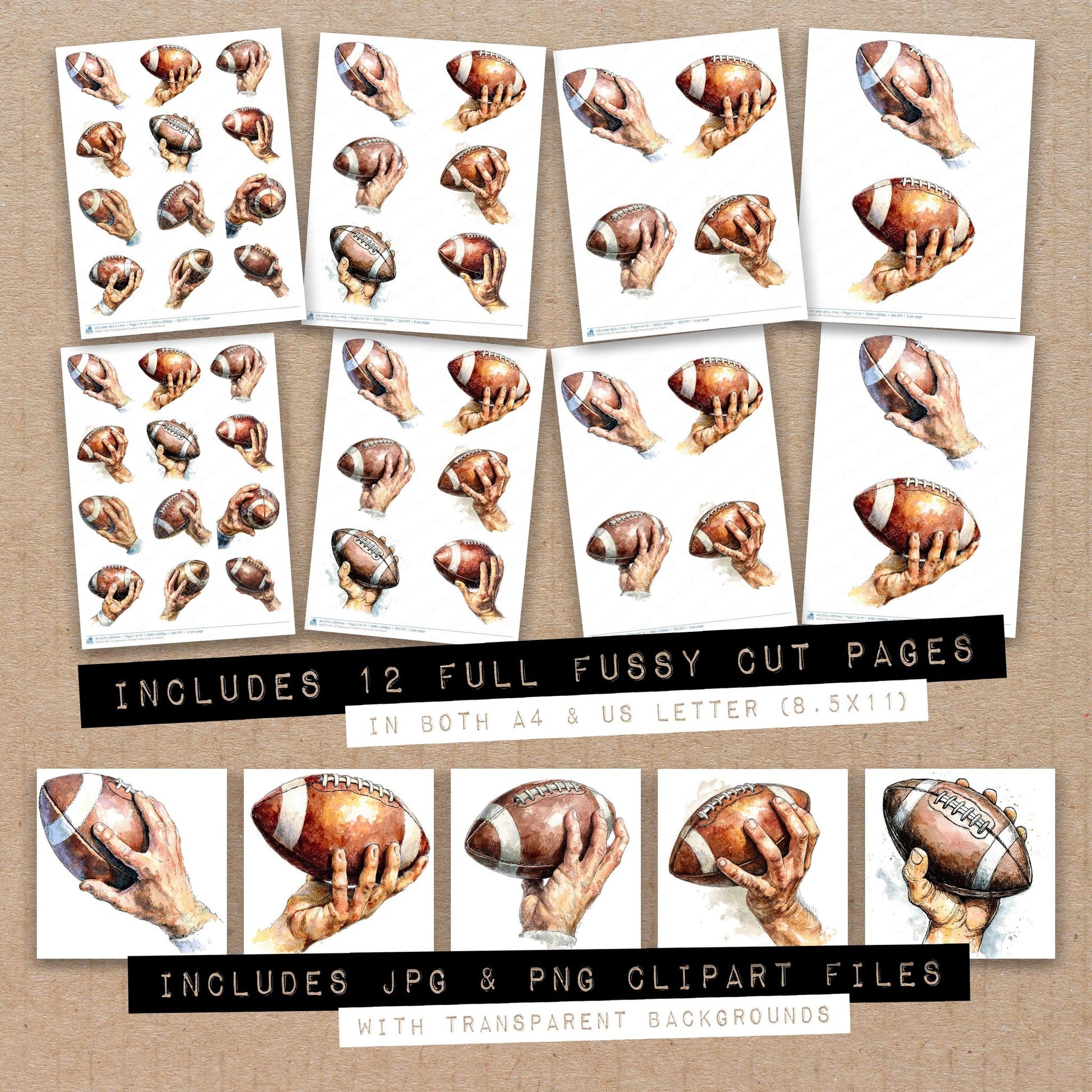 Full collection view of Watercolour Football Throw fussy cut sheets with bonus clipart JPG and PNG files