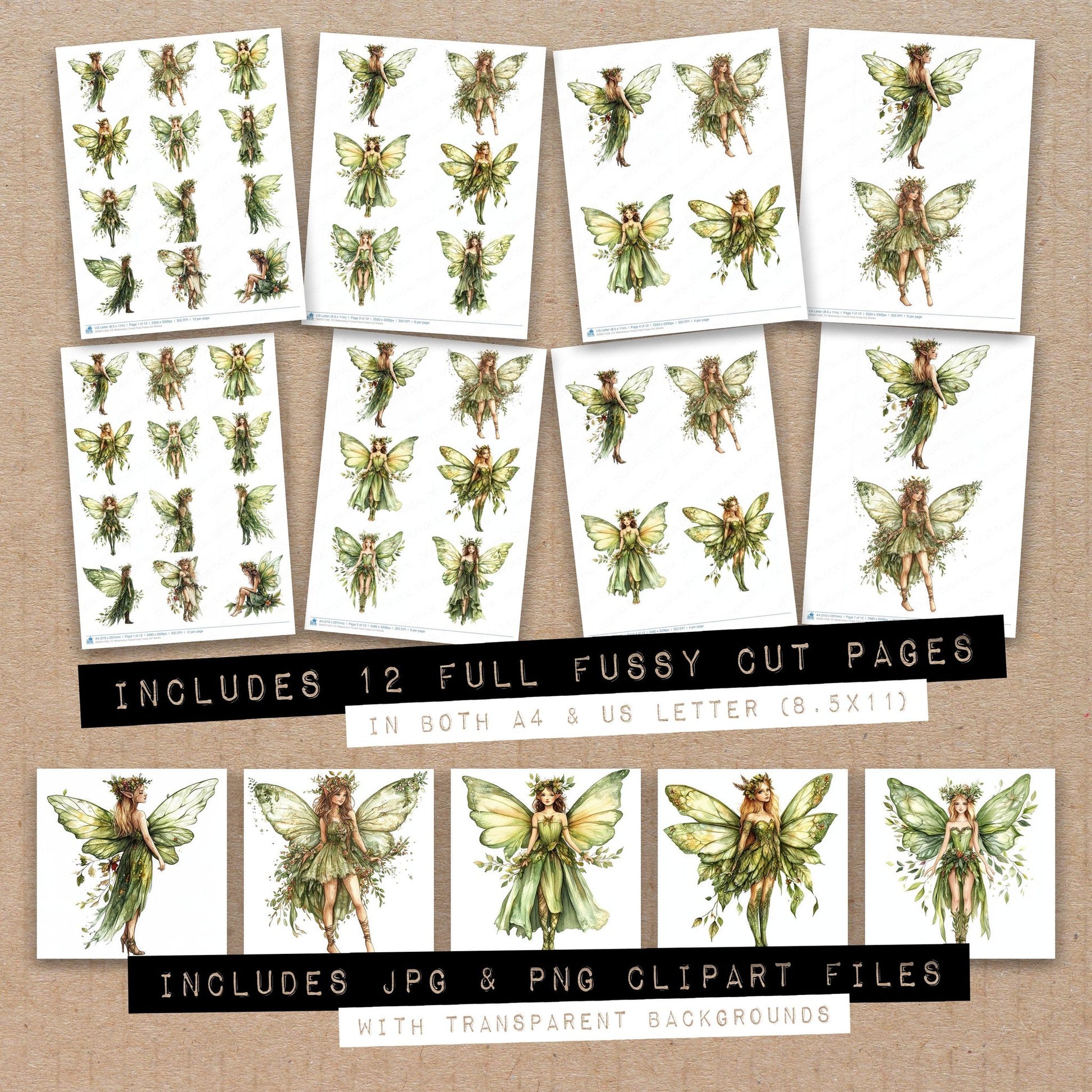 Full collection view of Watercolour Forest Fairy fussy cut sheets with bonus clipart JPG and PNG files