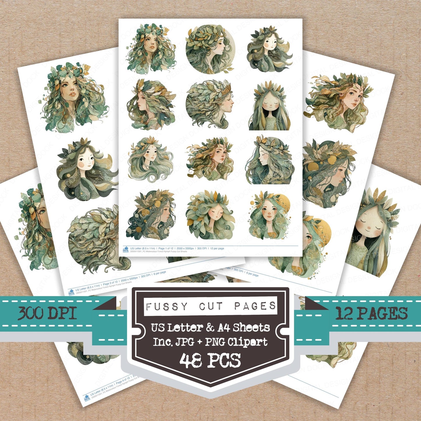 Watercolour Forest Nymph fussy cut printable sheets for junk journaling, scrapbooking, and paper craft projects