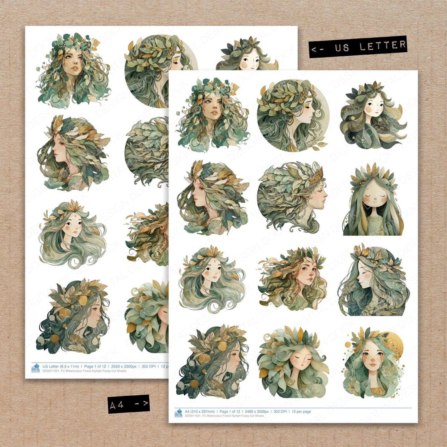 A4 and US Letter format comparison showing Watercolour Forest Nymph fussy cut pages for print and cut crafting