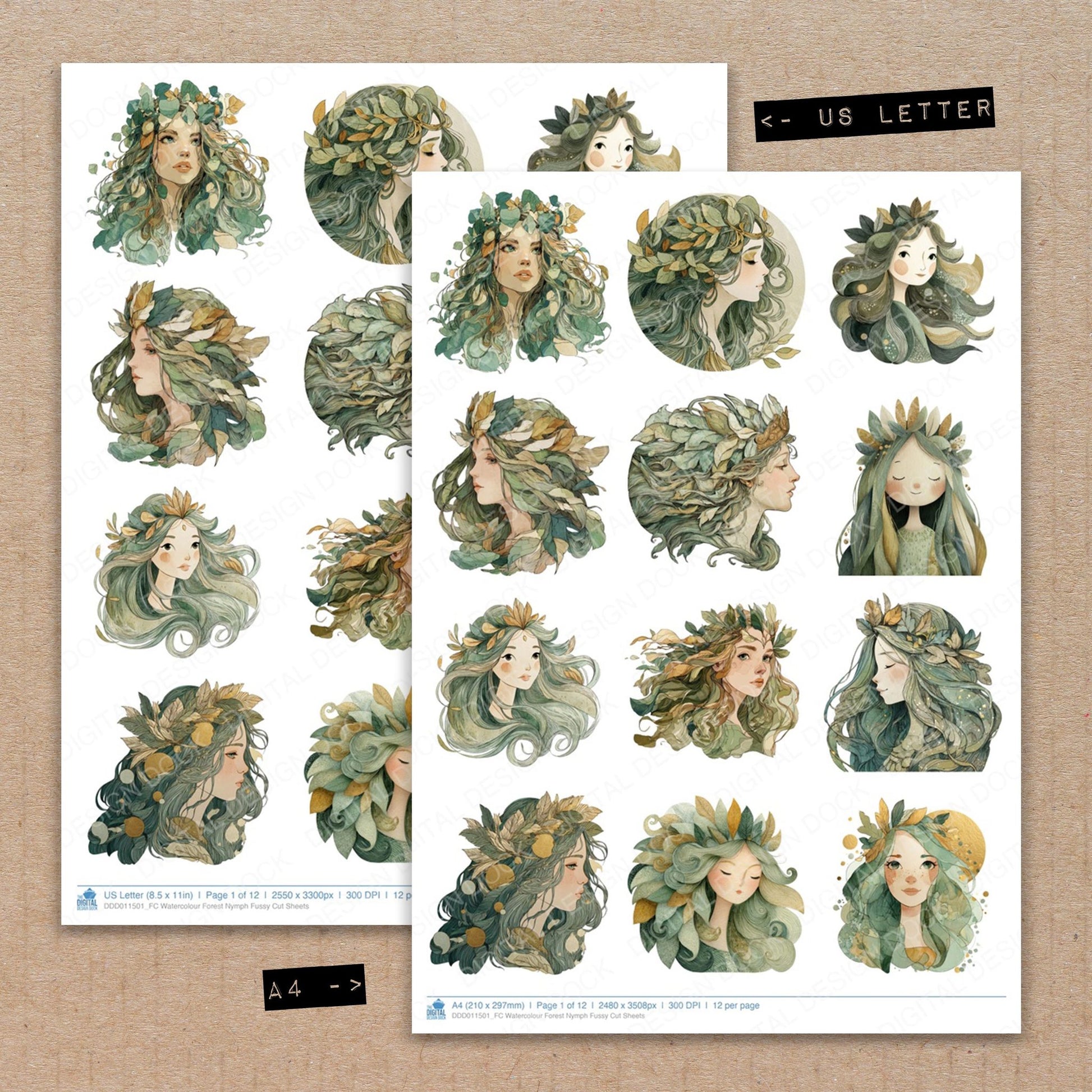 A4 and US Letter format comparison showing Watercolour Forest Nymph fussy cut pages for print and cut crafting