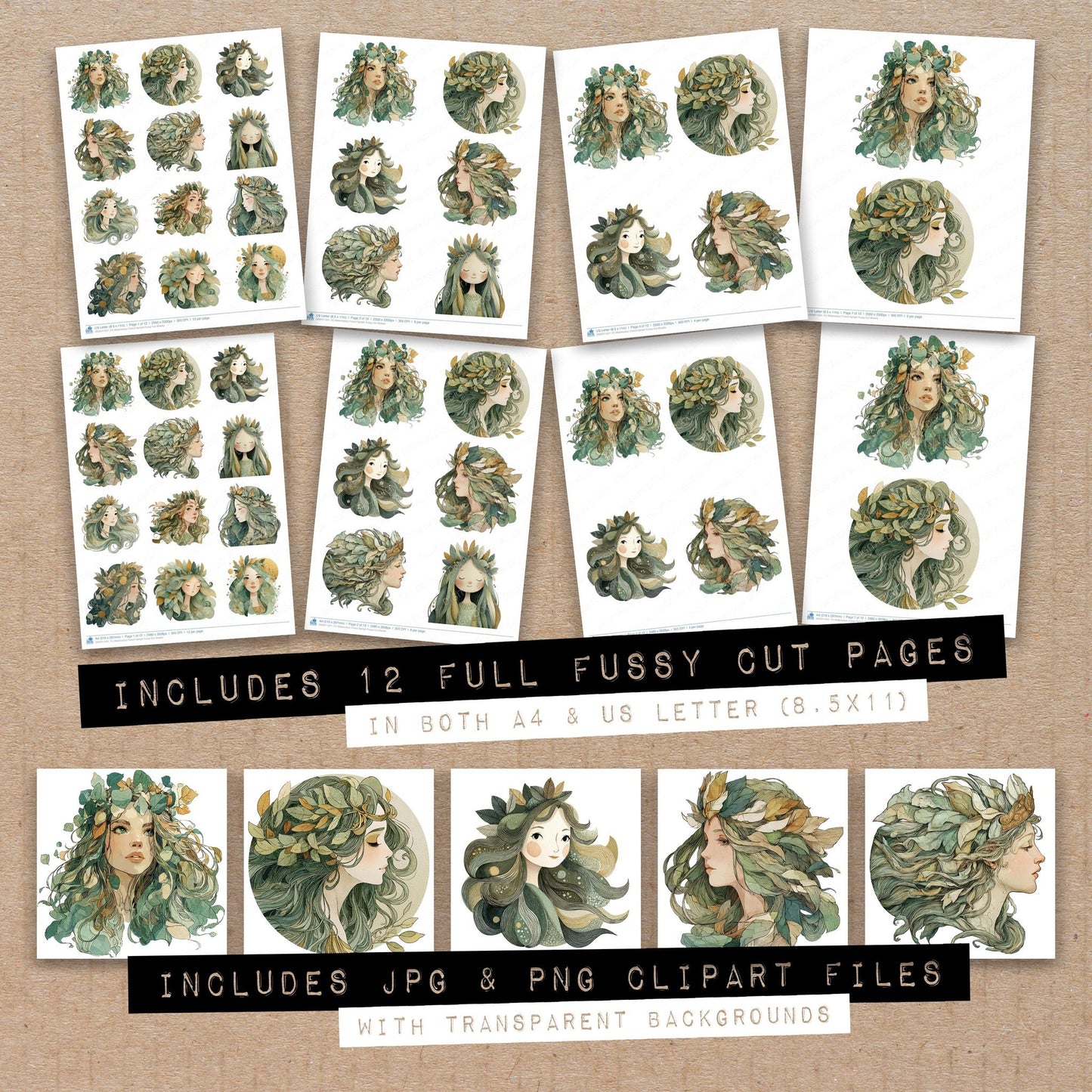 Full collection view of Watercolour Forest Nymph fussy cut sheets with bonus clipart JPG and PNG files
