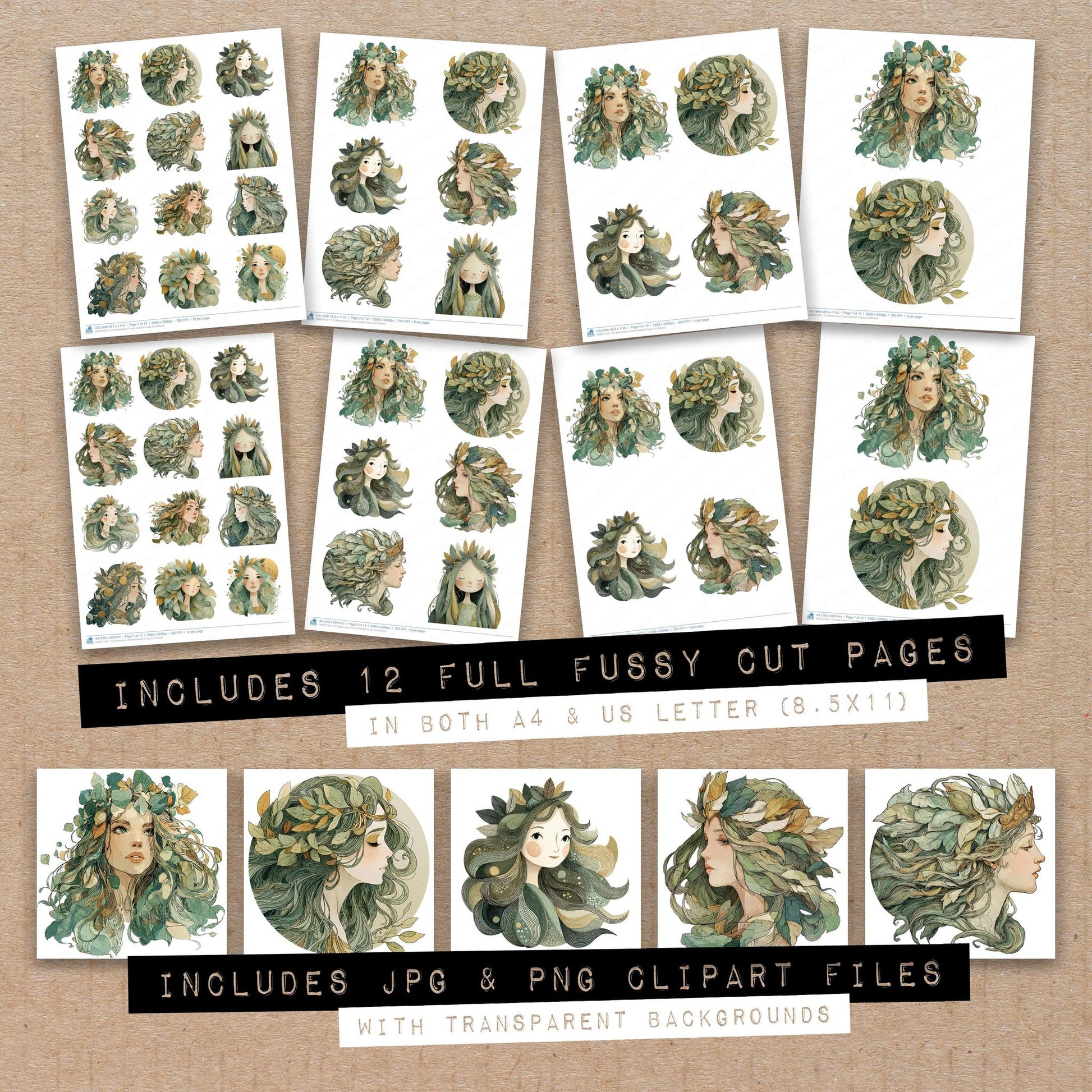 Full collection view of Watercolour Forest Nymph fussy cut sheets with bonus clipart JPG and PNG files