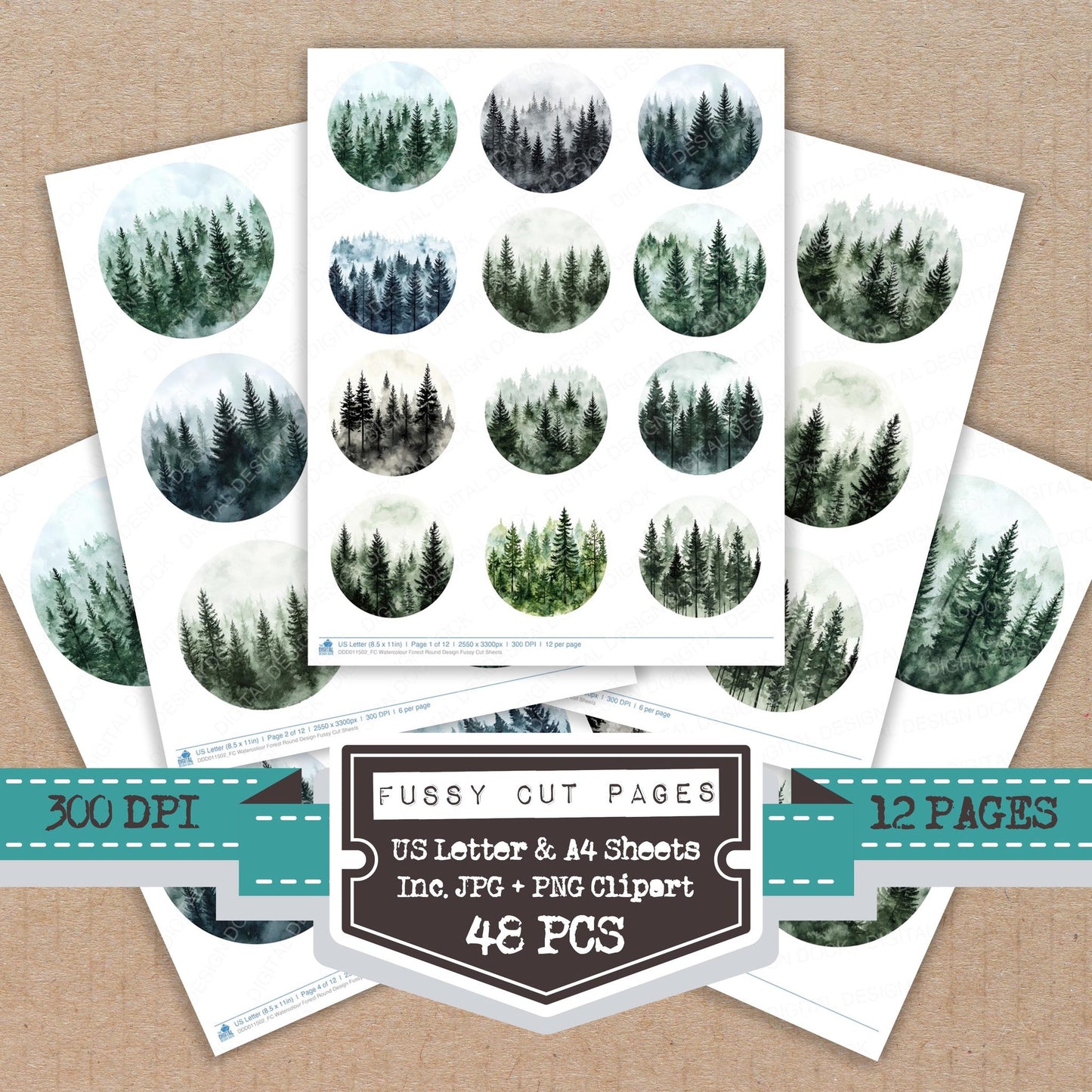 Watercolour Forest Round Design fussy cut printable sheets for junk journaling, scrapbooking, and paper craft projects